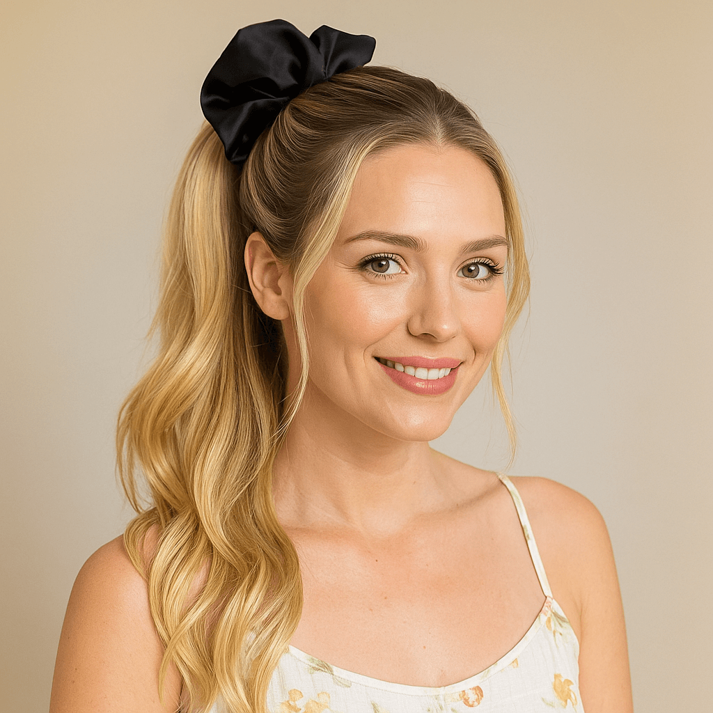 Lyxig satin scrunchie – Loop hårsnodd i glansigt tyg