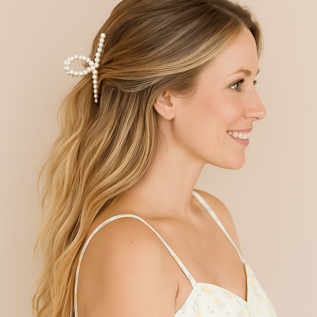 Blonde hair in a half-up style with a pearl hair claw
