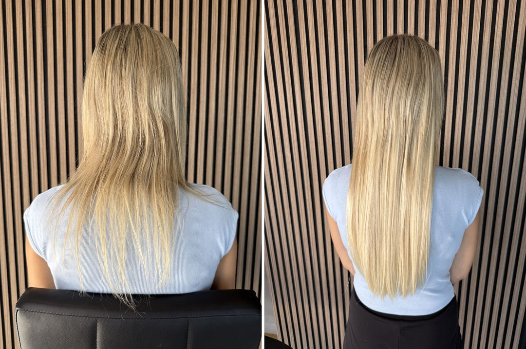 Before and after tape-in extensions – thin shoulder-length hair becomes long and full