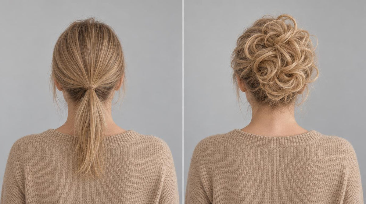Före och efter: tunn tofs i eget hår och samma hår med Tangled Scrunchie Luxe Length