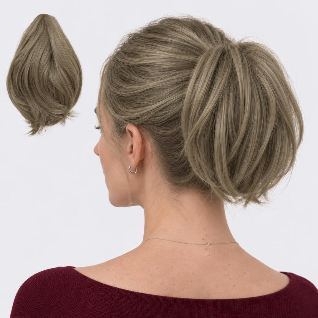 Tangled Mini Ponyo in Ash Blonde – small straight clip-in ponytail extension, shown loose and worn by a model