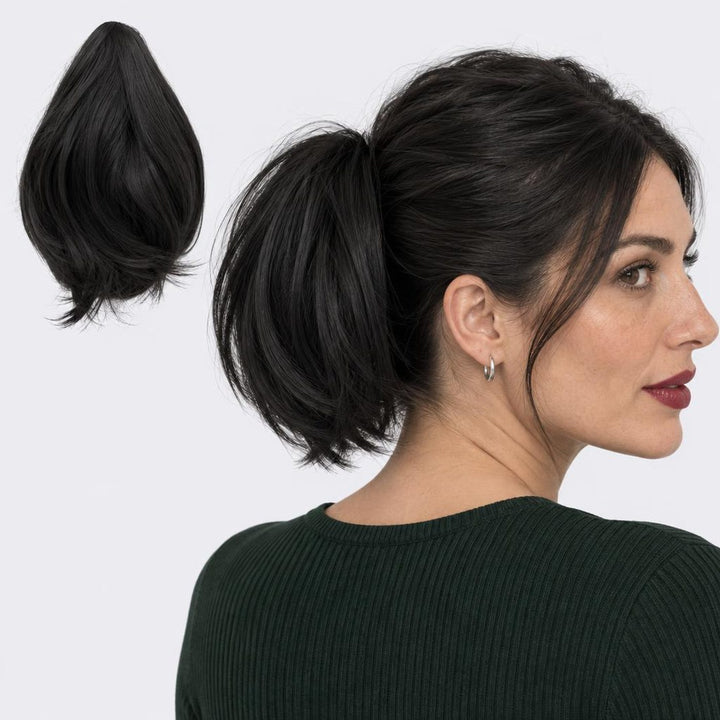 Tangled Mini Ponyo in Black – small straight clip-in ponytail extension, shown loose and worn by a model