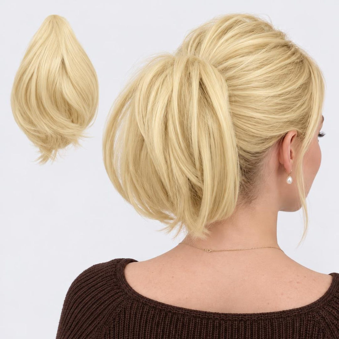 Tangled Mini Ponyo in Blonde – small straight clip-in ponytail extension, shown loose and worn by a model