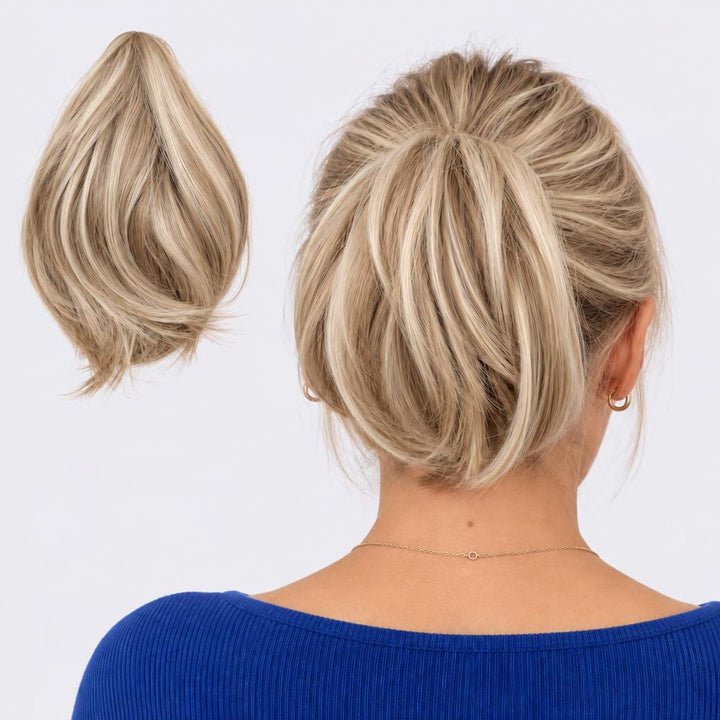 Tangled Mini Ponyo in Blonde Mix – small straight clip-in ponytail extension, shown loose and worn by a model