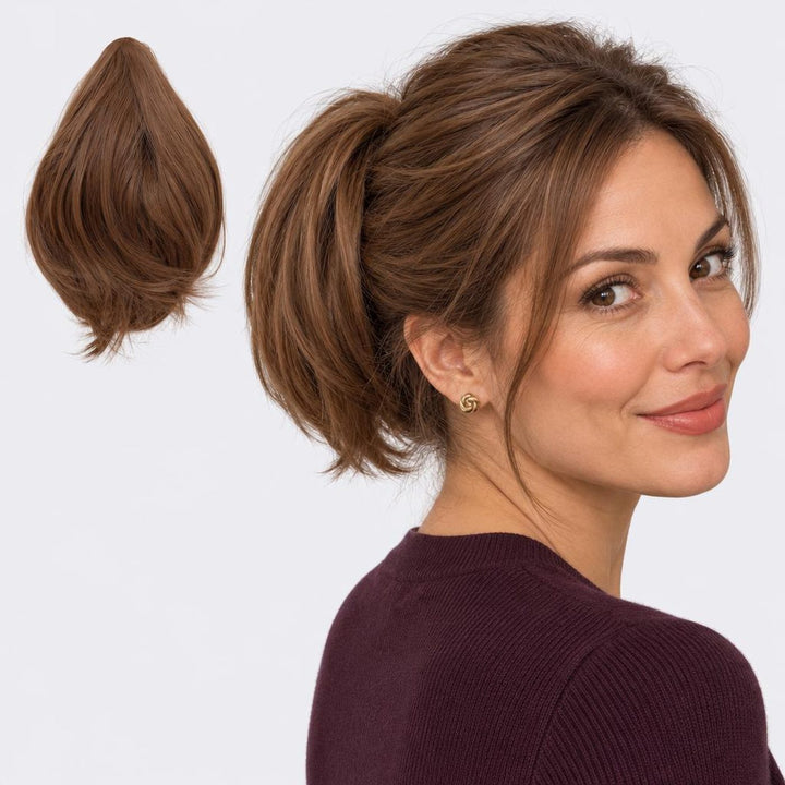 Tangled Mini Ponyo in Brown – small straight clip-in ponytail extension, shown loose and worn by a model