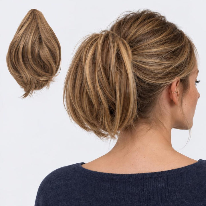 Tangled Mini Ponyo in Brown Mix – small straight clip-in ponytail extension, shown loose and worn by a model