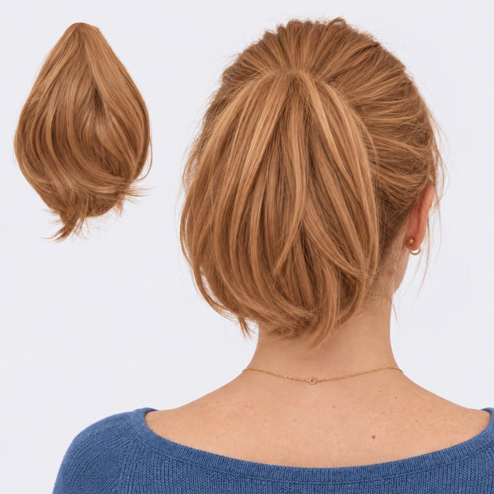 Tangled Mini Ponyo in Copper – small straight clip-in ponytail extension, shown loose and worn by a model