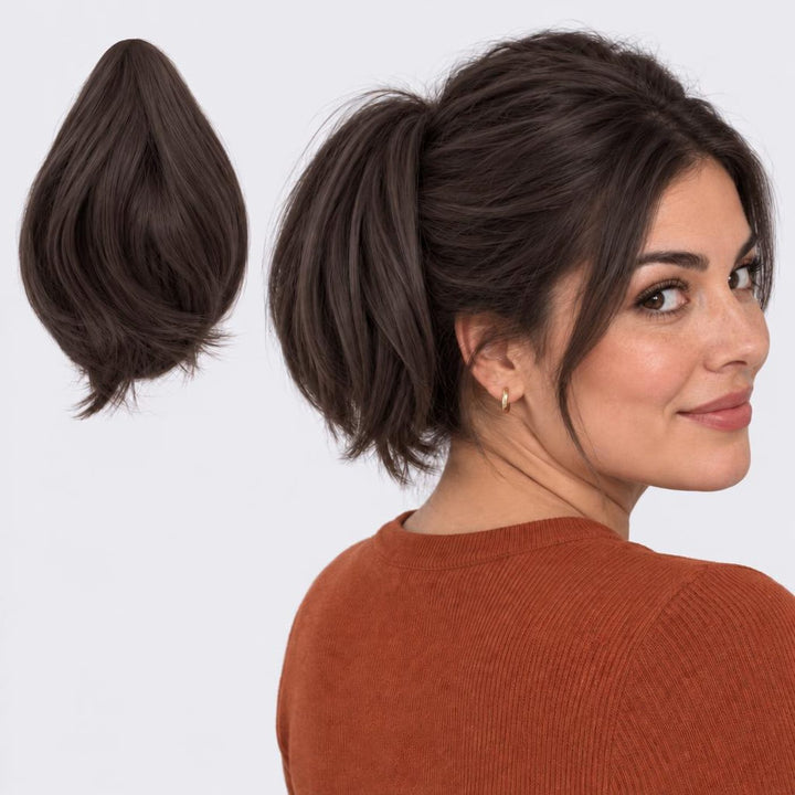 Tangled Mini Ponyo in Dark Brown – small straight clip-in ponytail extension, shown loose and worn by a model