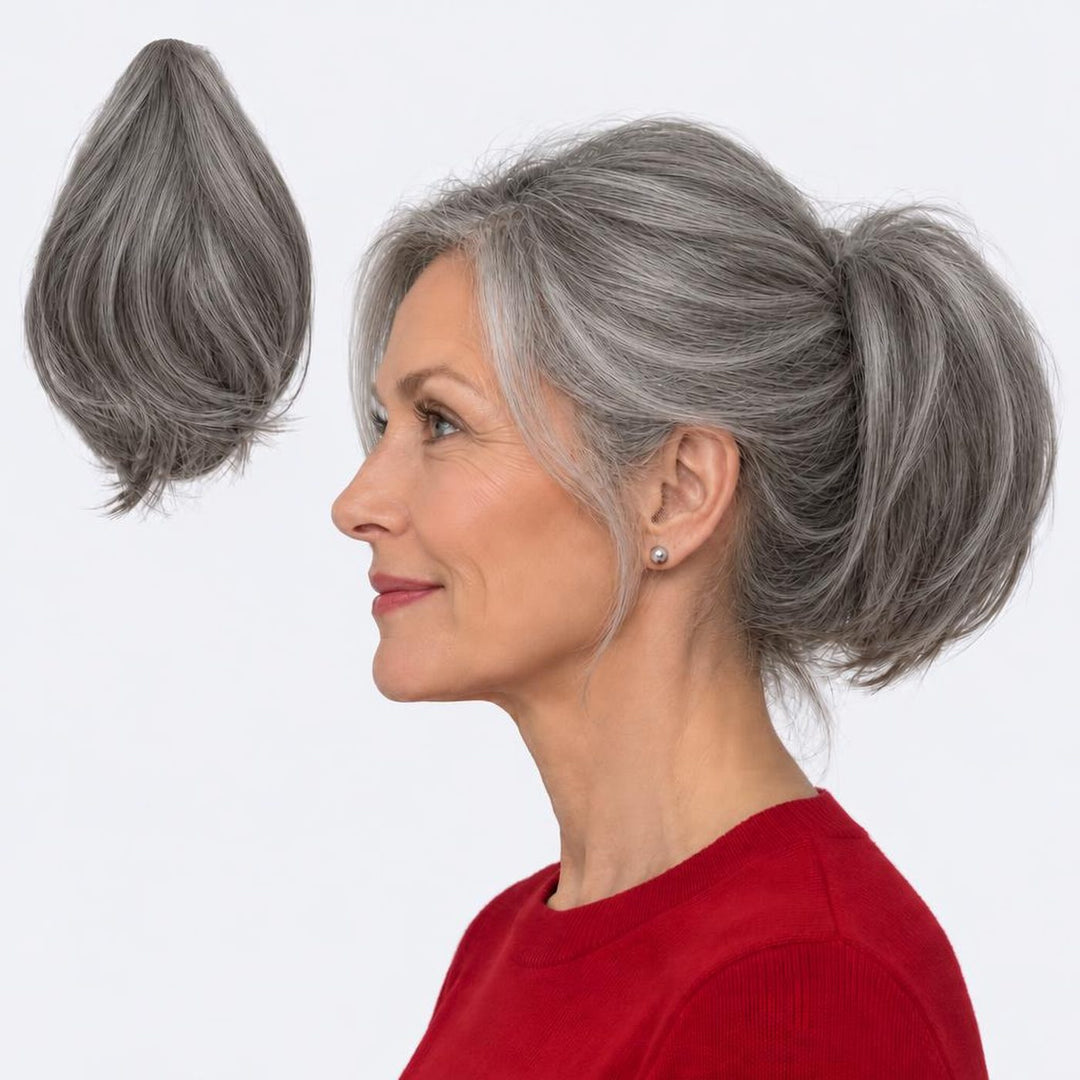 Tangled Mini Ponyo in Dark Grey – small straight clip-in ponytail extension, shown loose and worn by a model