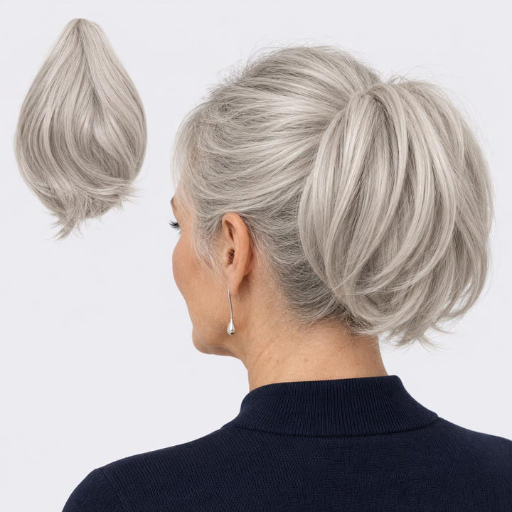 Tangled Mini Ponyo in Light Grey – small straight clip-in ponytail extension, shown loose and worn by a model
