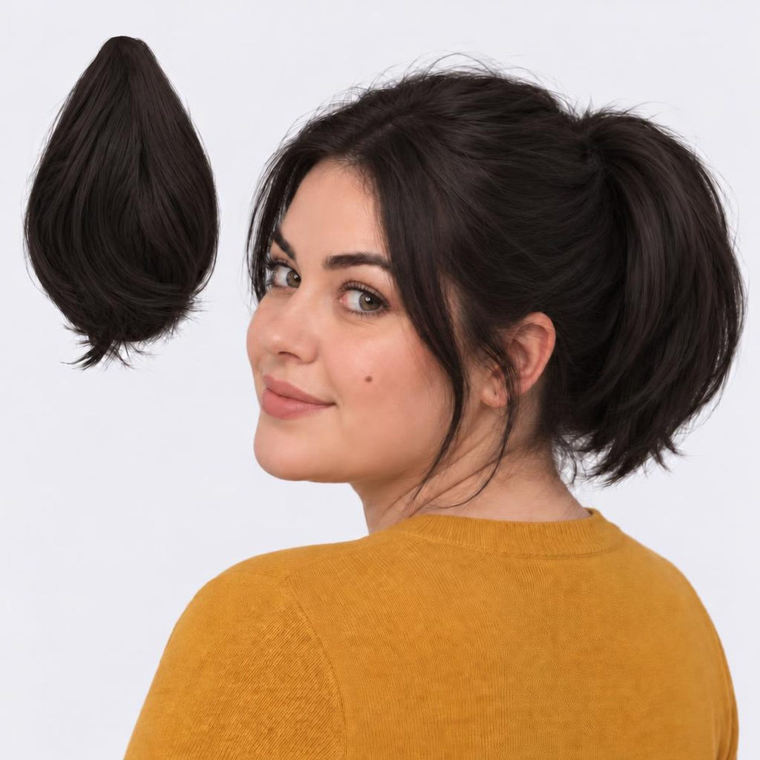 Tangled Mini Ponyo in Midnight Brown – small straight clip-in ponytail extension, shown loose and worn by a model