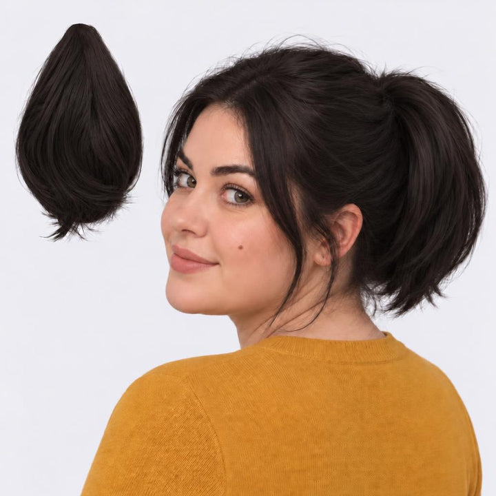 Tangled Mini Ponyo in Midnight Brown – small straight clip-in ponytail extension, shown loose and worn by a model