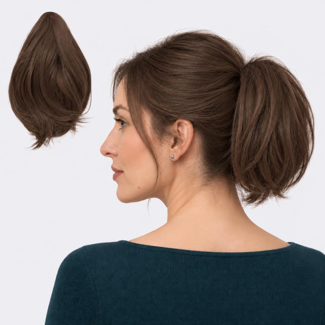 Tangled Mini Ponyo in Mocha – small straight clip-in ponytail extension, shown loose and worn by a model