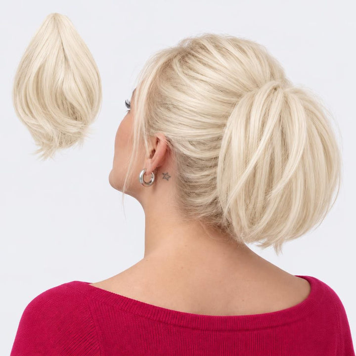 Tangled Mini Ponyo in Platinum – small straight clip-in ponytail extension, shown loose and worn by a model