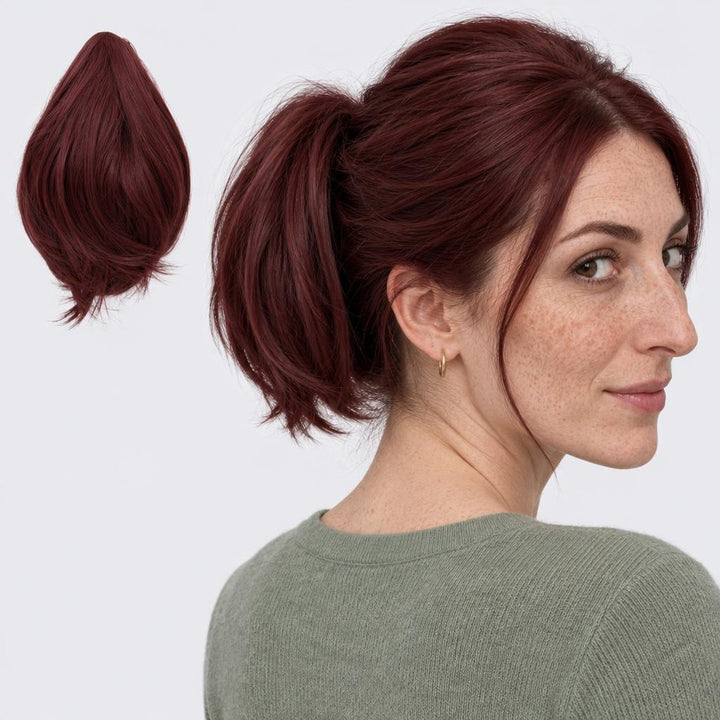 Tangled Mini Ponyo in Red – small straight clip-in ponytail extension, shown loose and worn by a model