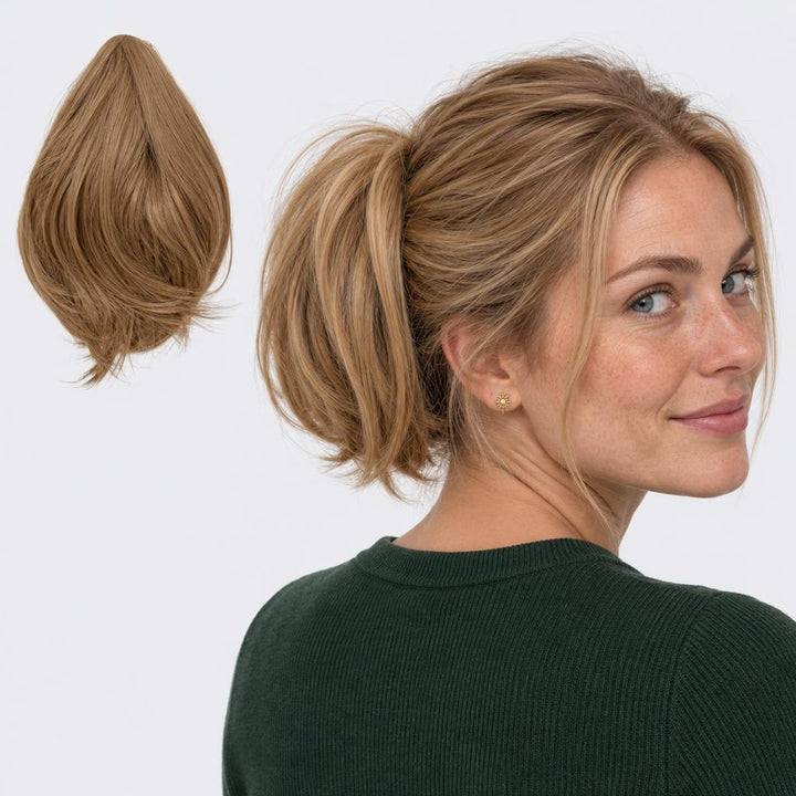 Tangled Mini Ponyo in Sandy Blonde – small straight clip-in ponytail extension, shown loose and worn by a model