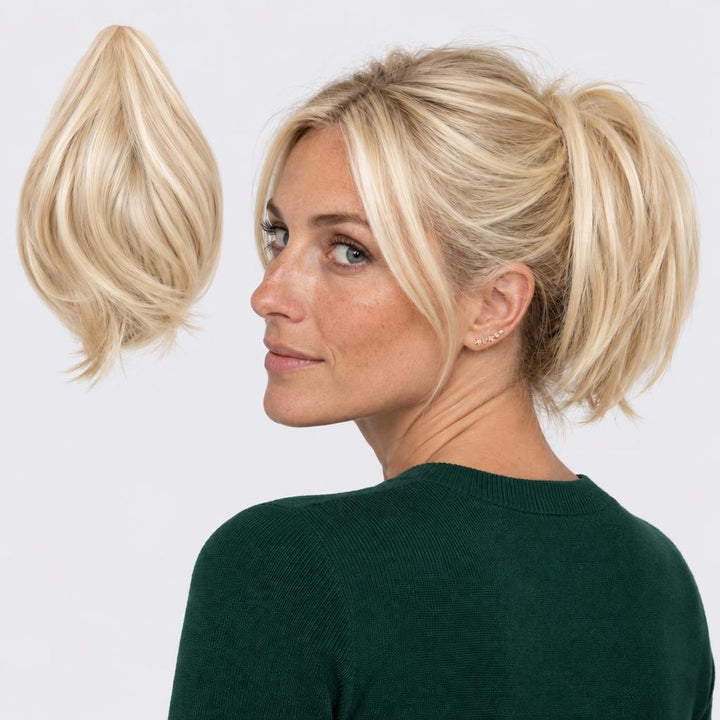 Tangled Mini Ponyo in Summer Blonde – small straight clip-in ponytail extension, shown loose and worn by a model