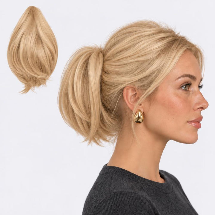 Tangled Mini Ponyo in Warm Blonde – small straight clip-in ponytail extension, shown loose and worn by a model
