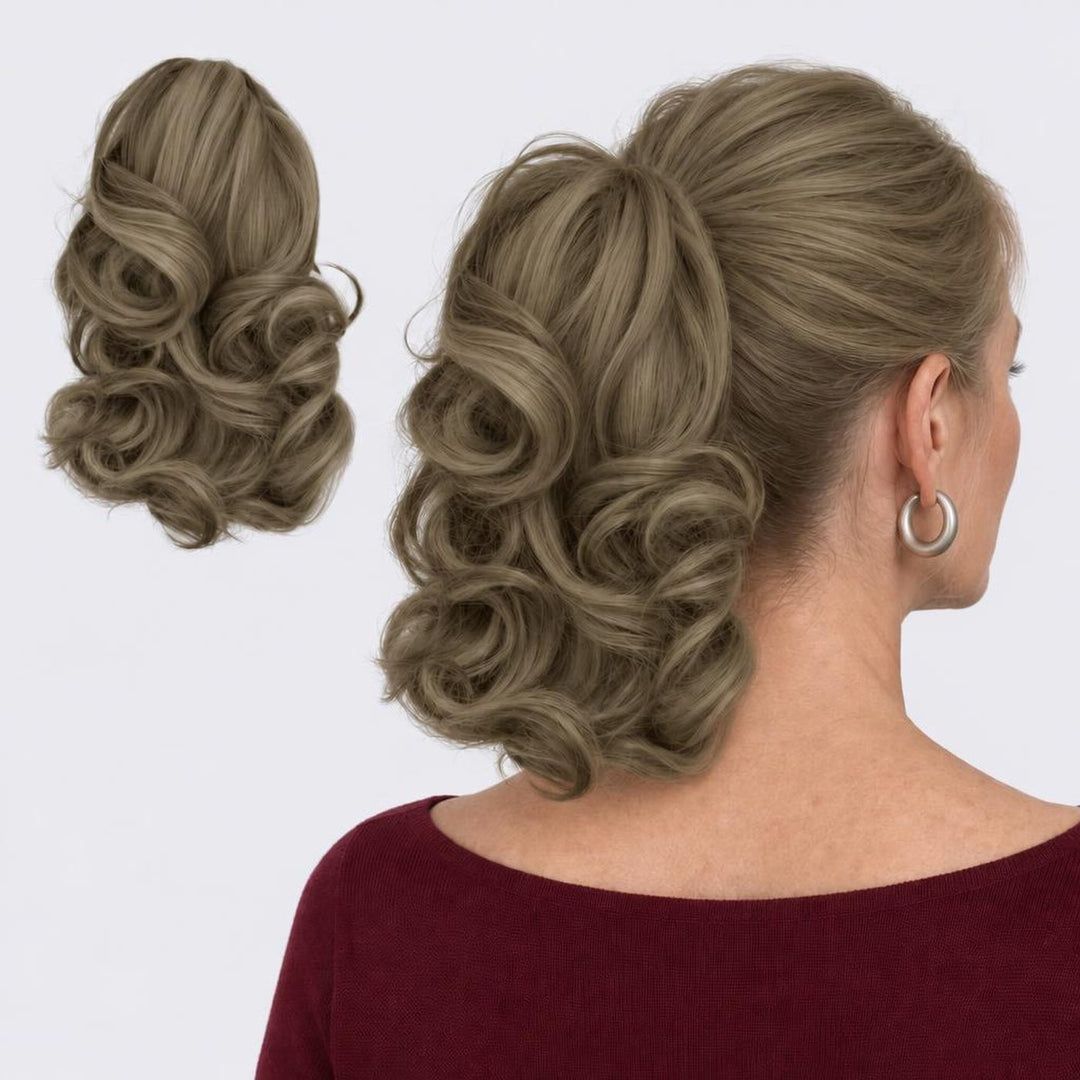 Tangled Ponyo in Ash Blonde – curly clip-in ponytail extension, shown loose and worn by a model