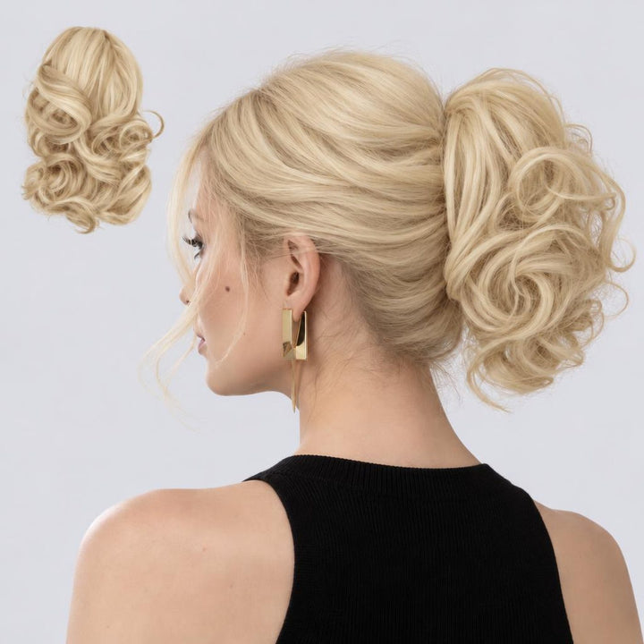 Tangled Ponyo in Blonde – curly clip-in ponytail extension, shown loose and worn by a model