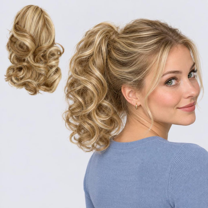 Tangled Ponyo in Blonde Mix – curly clip-in ponytail extension, shown loose and worn by a model