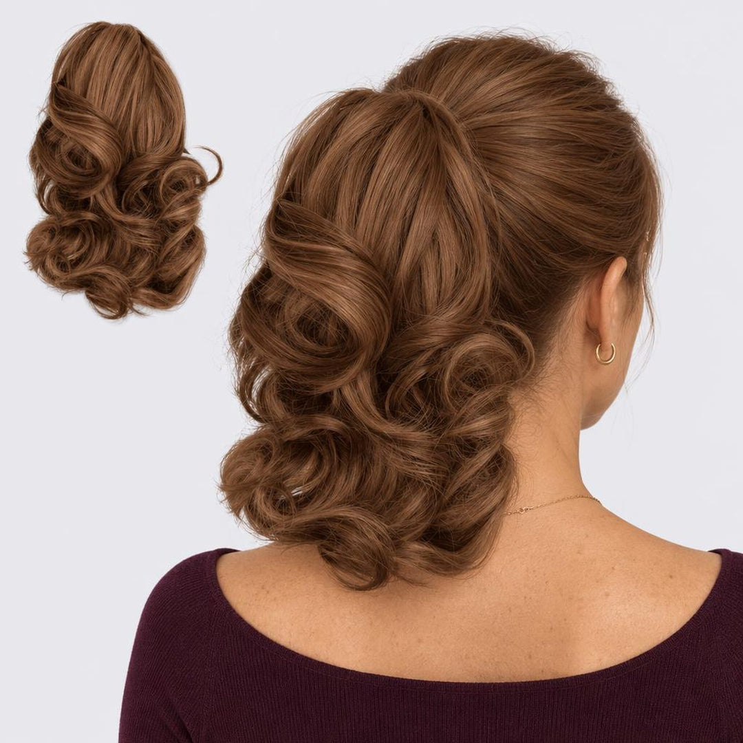 Tangled Ponyo in Brown – curly clip-in ponytail extension, shown loose and worn by a model