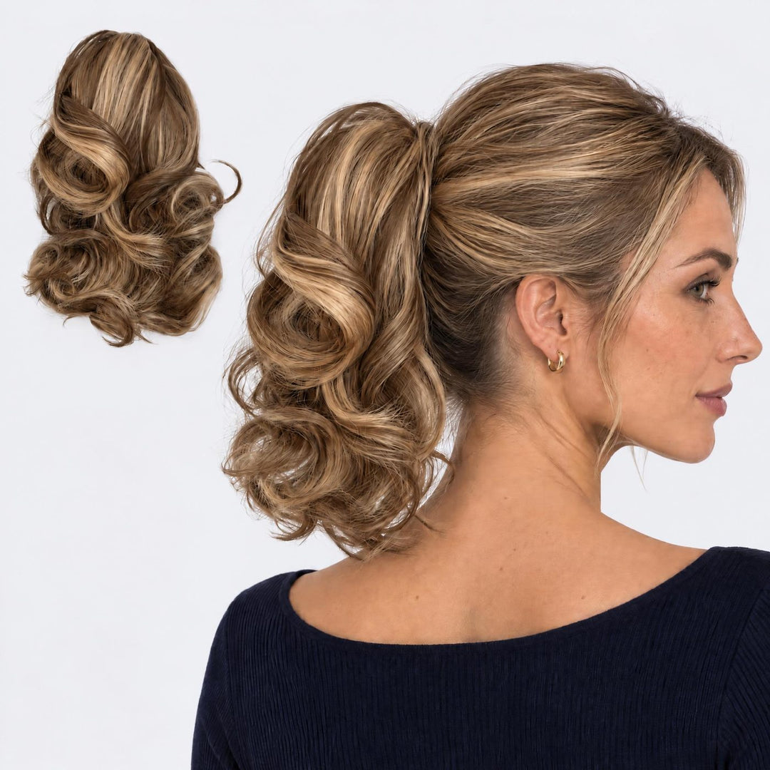 Tangled Ponyo in Brown Mix – curly clip-in ponytail extension, shown loose and worn by a model