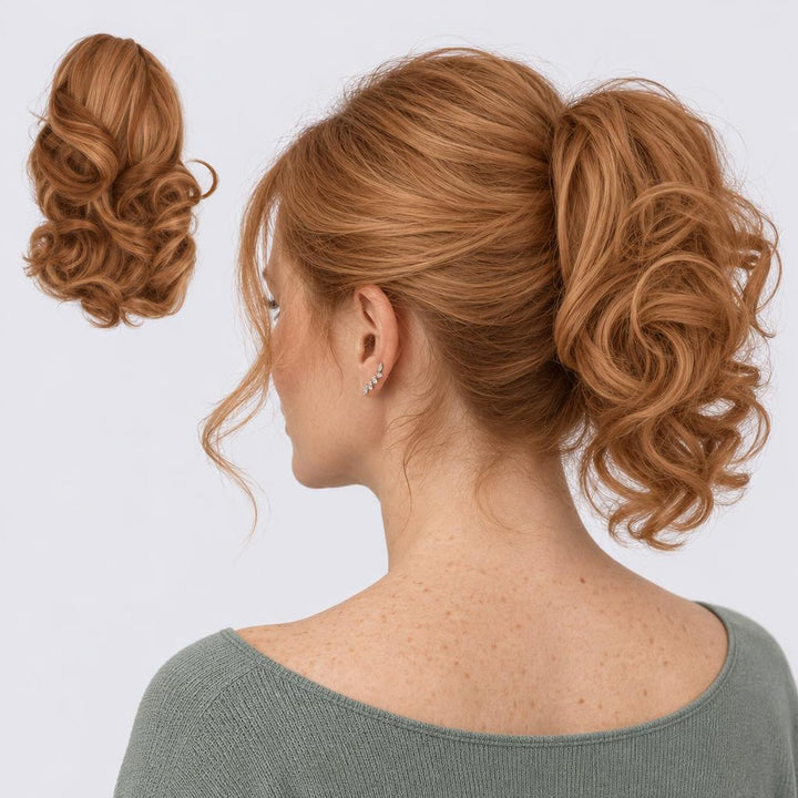Tangled Ponyo in Copper – curly clip-in ponytail extension, shown loose and worn by a model