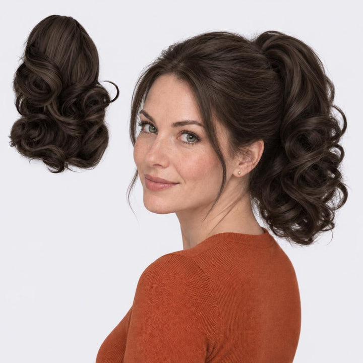 Tangled Ponyo in Dark Brown – curly clip-in ponytail extension, shown loose and worn by a model