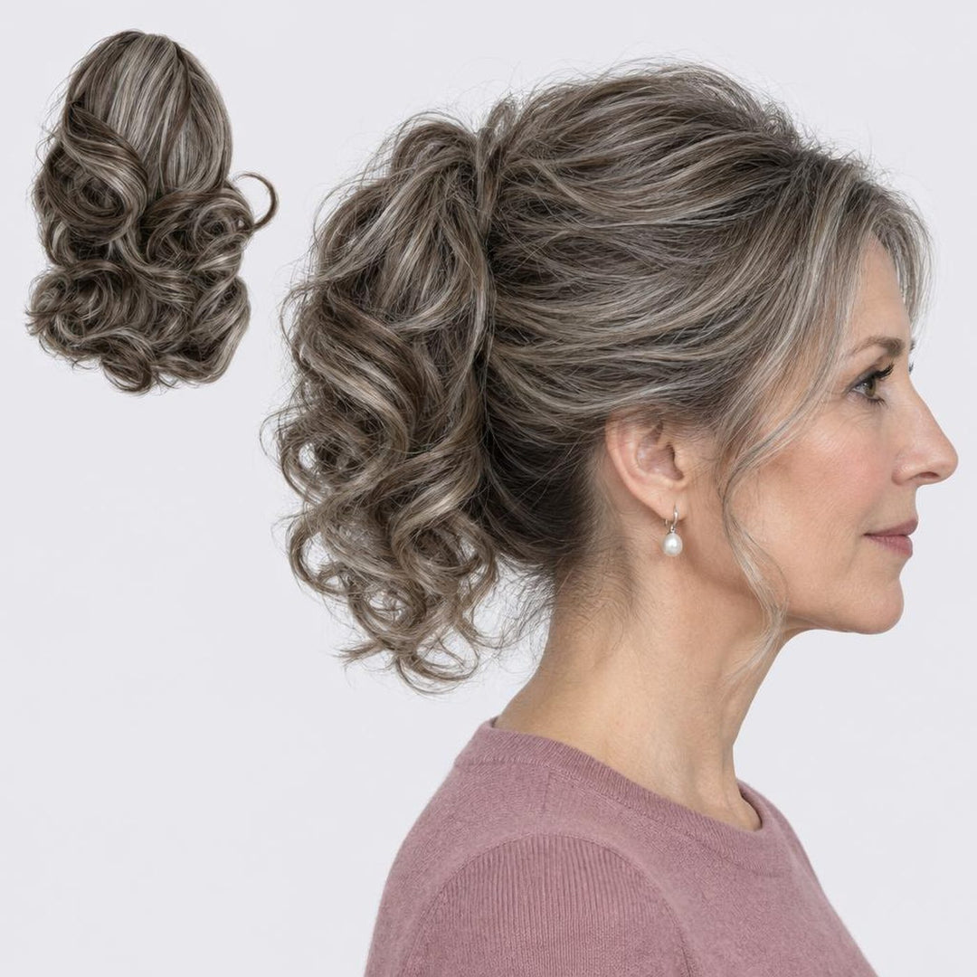 Tangled Ponyo in Grey Brown – curly clip-in ponytail extension, shown loose and worn by a model