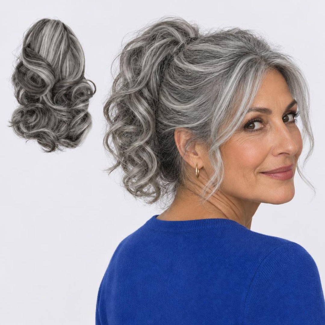 Tangled Ponyo in Grey Mix – curly clip-in ponytail extension, shown loose and worn by a model