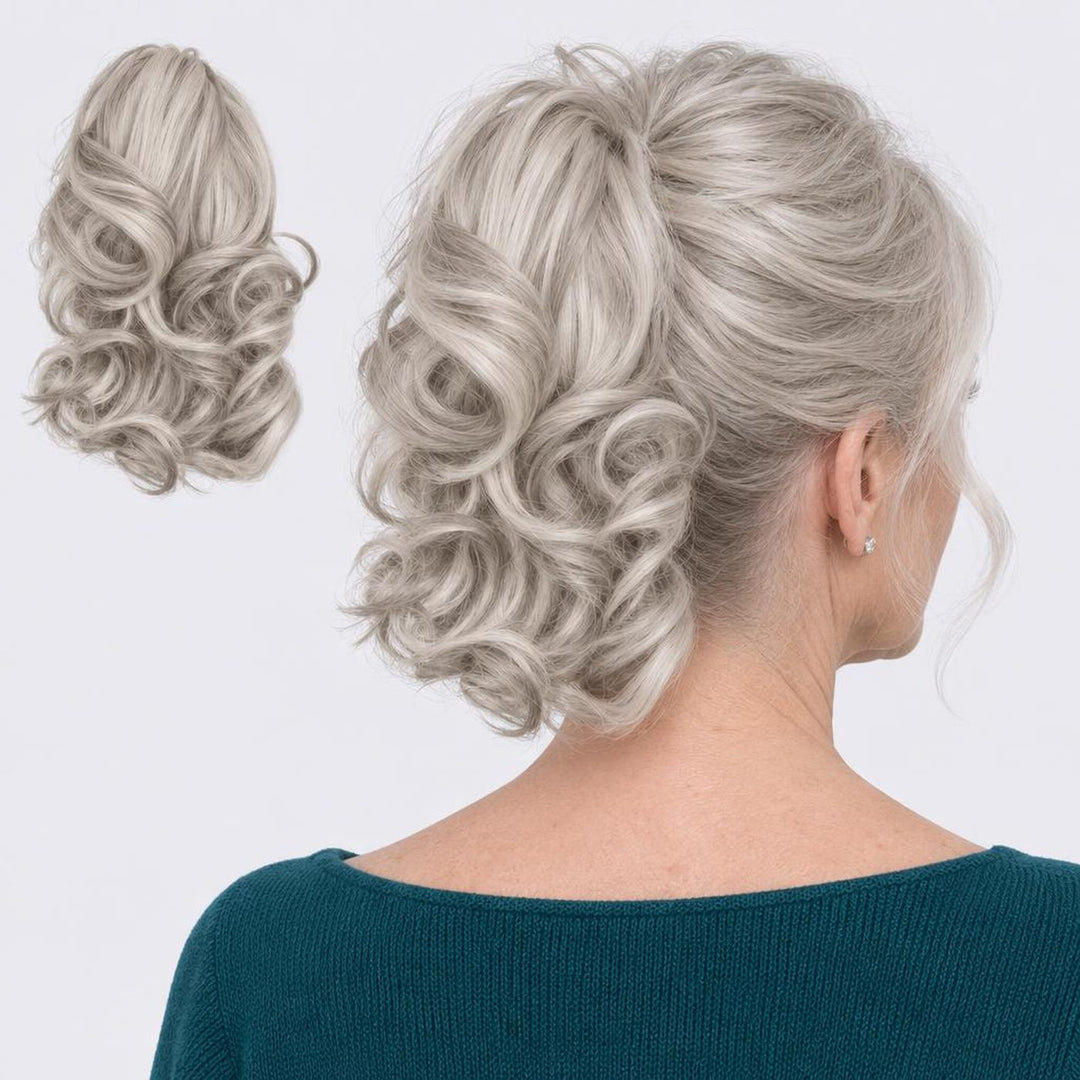 Tangled Ponyo in Light Grey – curly clip-in ponytail extension, shown loose and worn by a model
