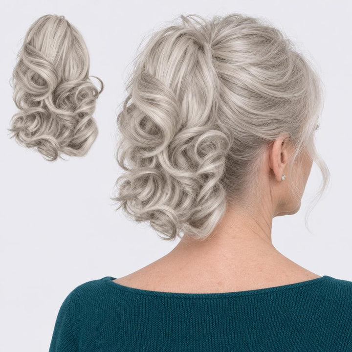 Tangled Ponyo in Light Grey – curly clip-in ponytail extension, shown loose and worn by a model