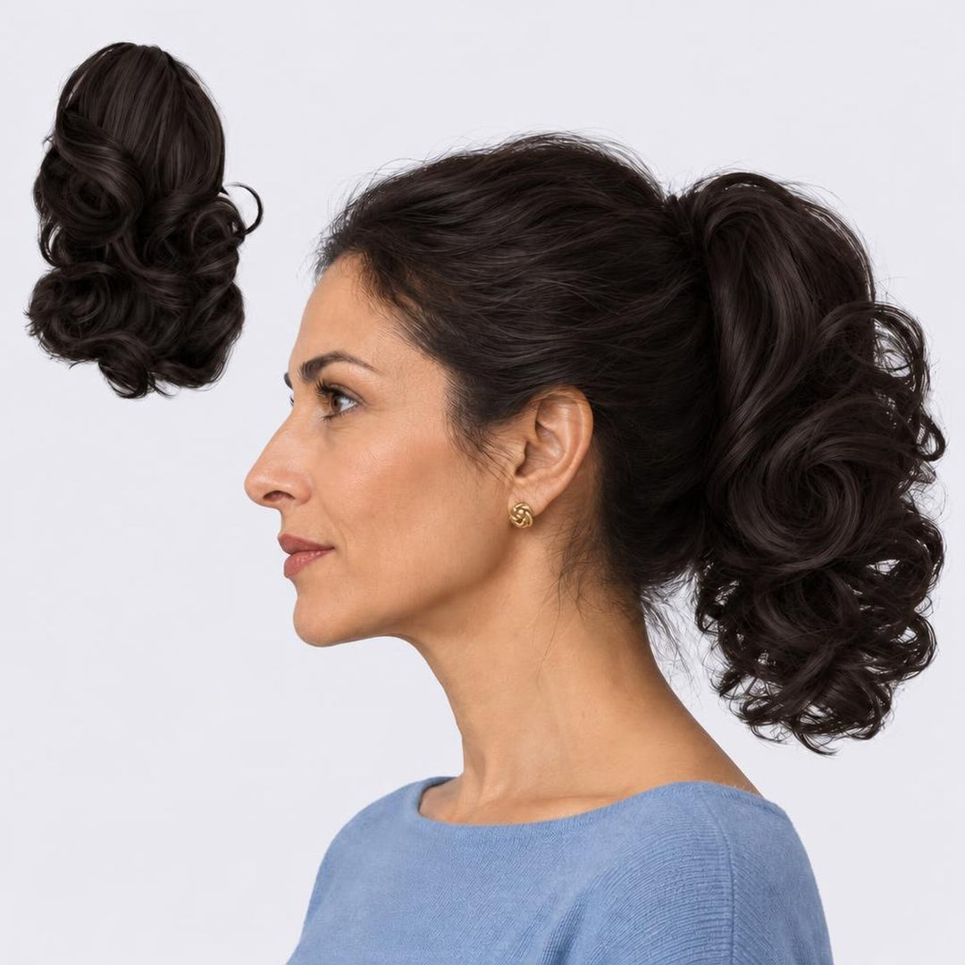 Tangled Ponyo in Midnight Brown – curly clip-in ponytail extension, shown loose and worn by a model