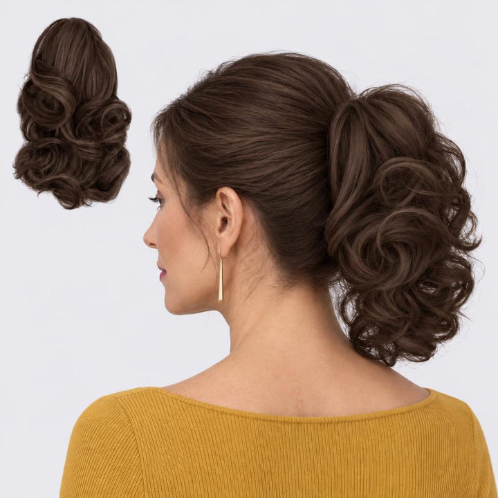 Tangled Ponyo in Mocha – curly clip-in ponytail extension, shown loose and worn by a model