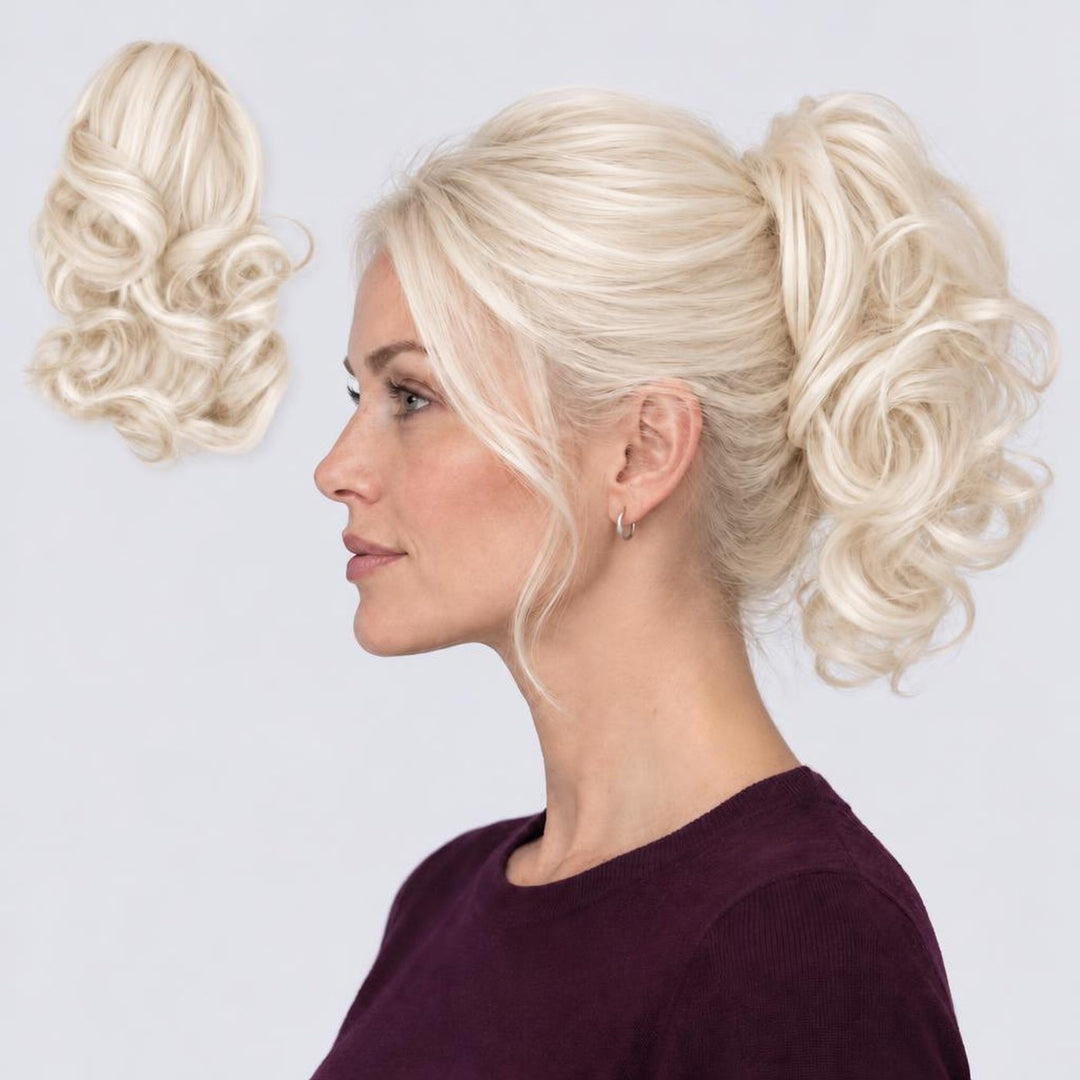 Tangled Ponyo in Platinum – curly clip-in ponytail extension, shown loose and worn by a model