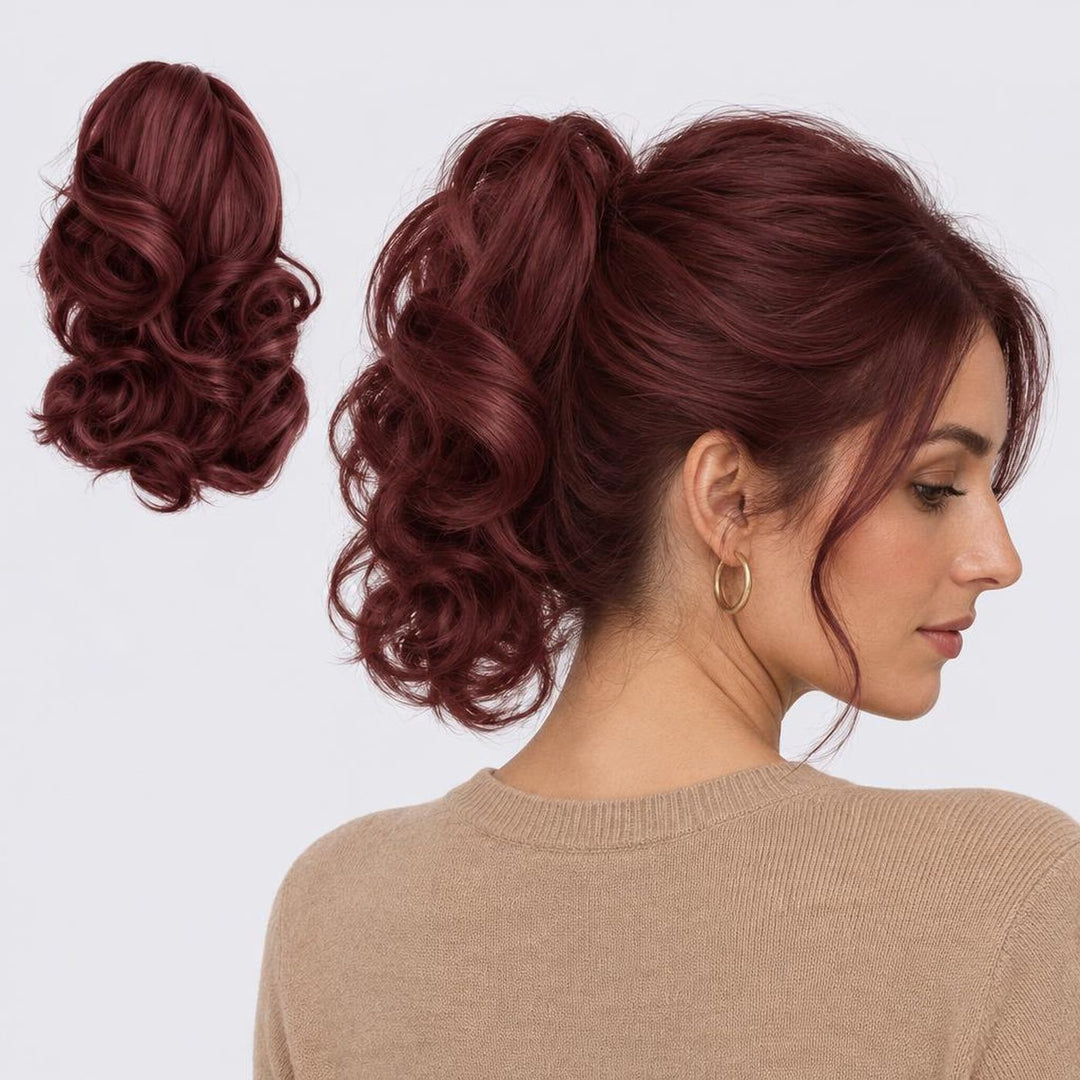 Tangled Ponyo in Red – curly clip-in ponytail extension, shown loose and worn by a model