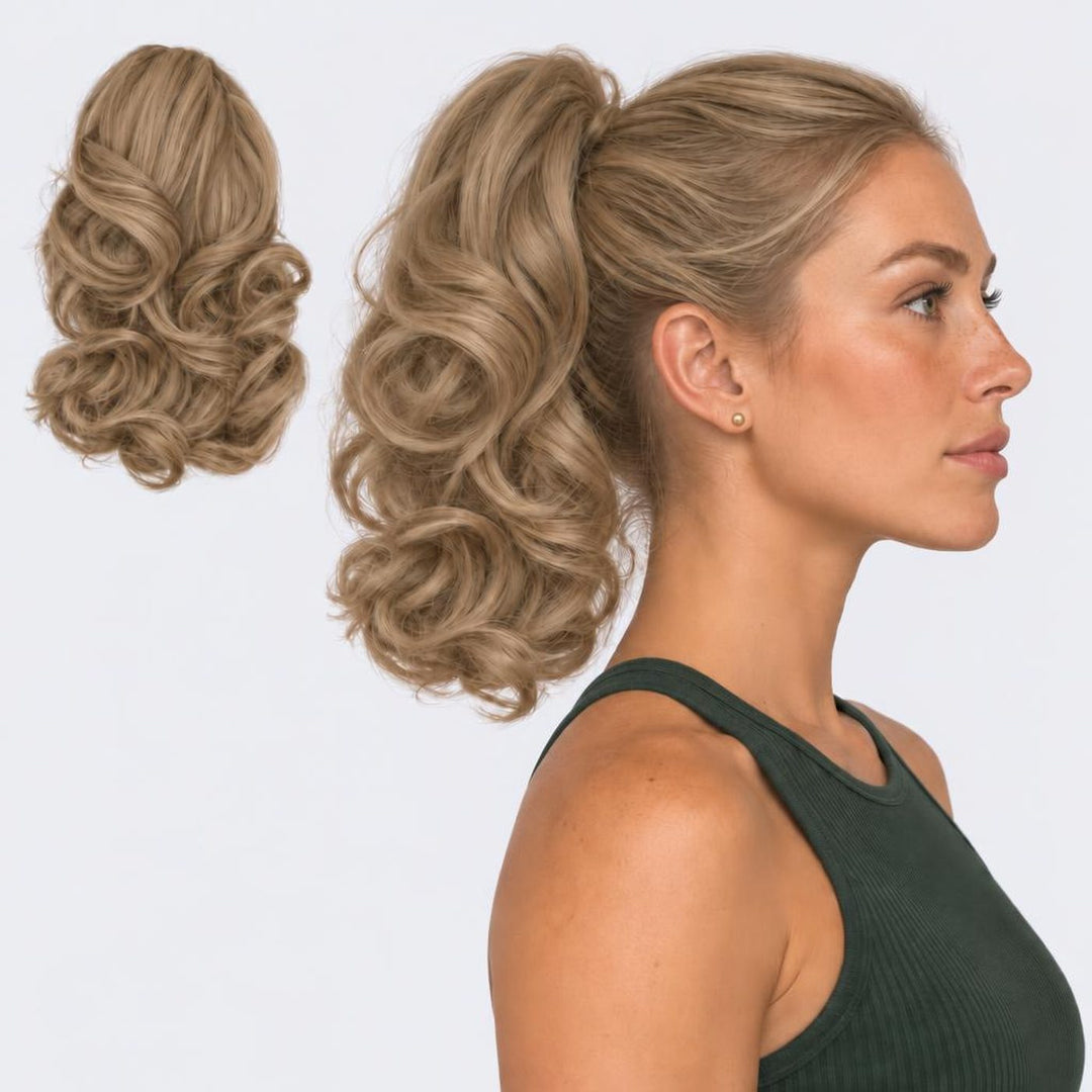 Tangled Ponyo in Sandy Blonde – curly clip-in ponytail extension, shown loose and worn by a model