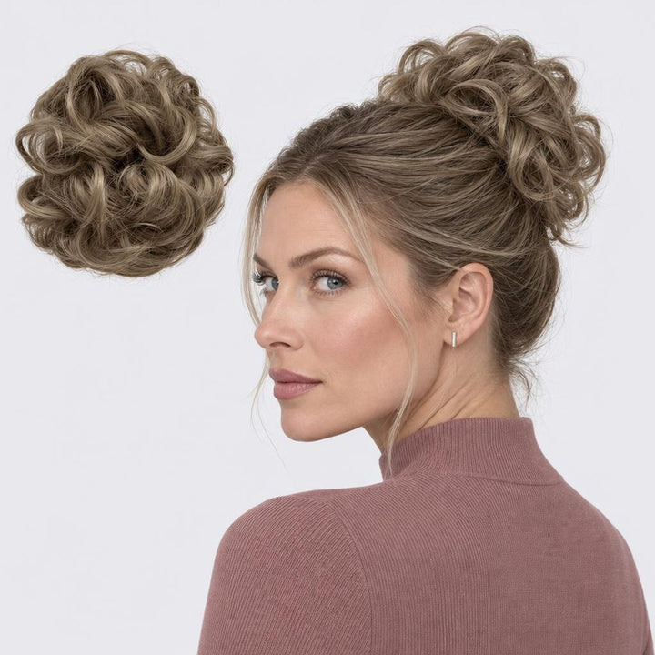 Tangled Scrunchie in Ash Blonde – curly hair scrunchie extension, shown loose and worn by a model