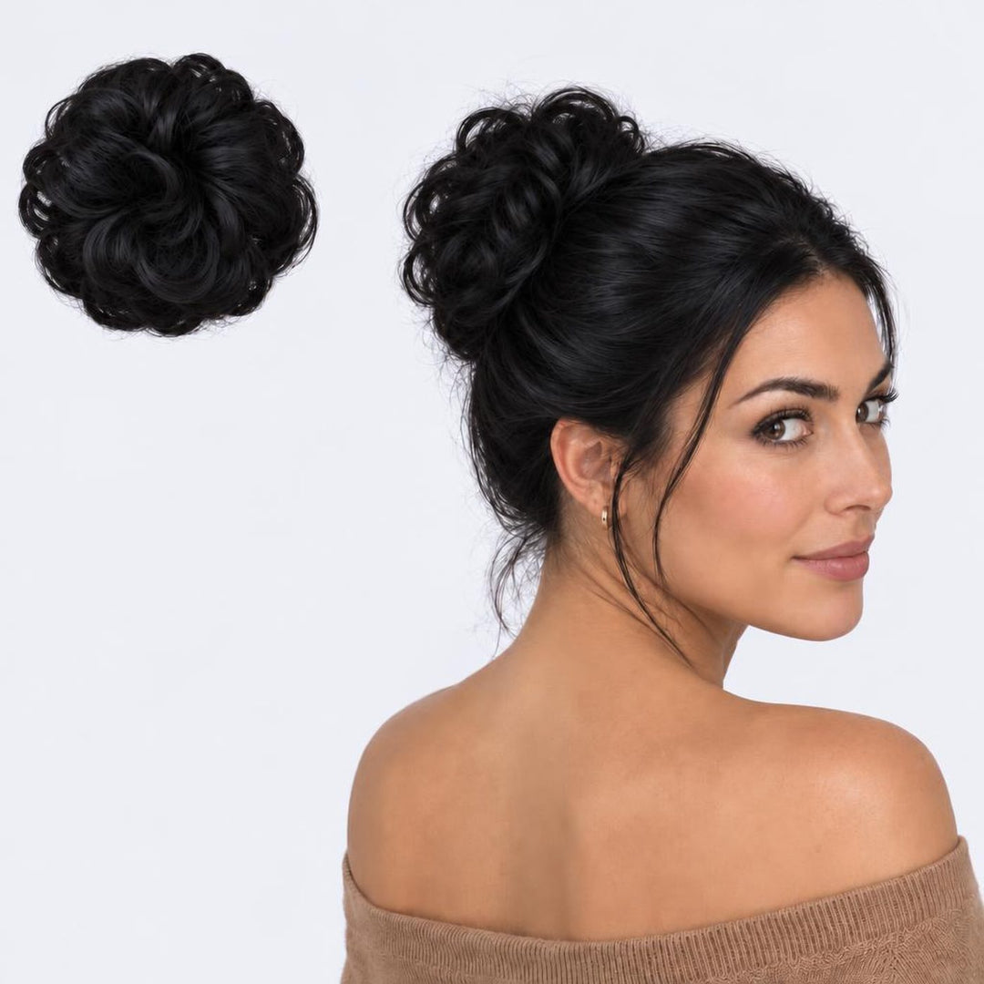 Tangled Scrunchie in Black – curly hair scrunchie extension, shown loose and worn by a model