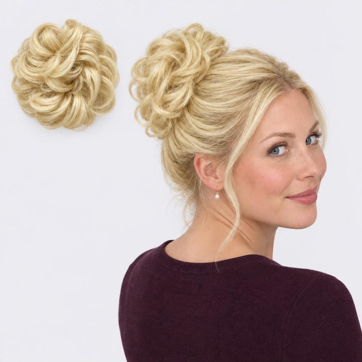 Tangled Scrunchie in Blonde – curly hair scrunchie extension, shown loose and worn by a model