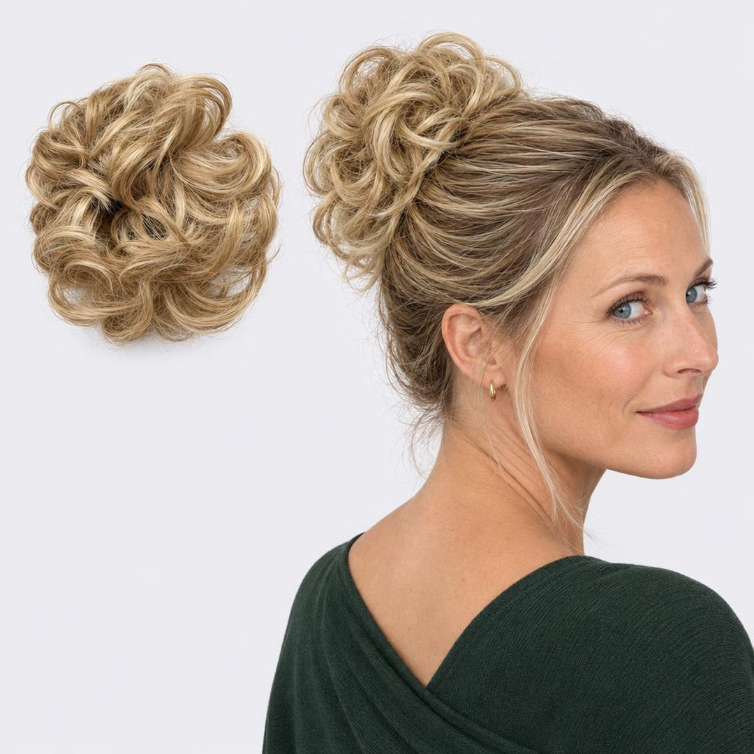 Tangled Scrunchie in Blonde Mix – curly hair scrunchie extension, shown loose and worn by a model