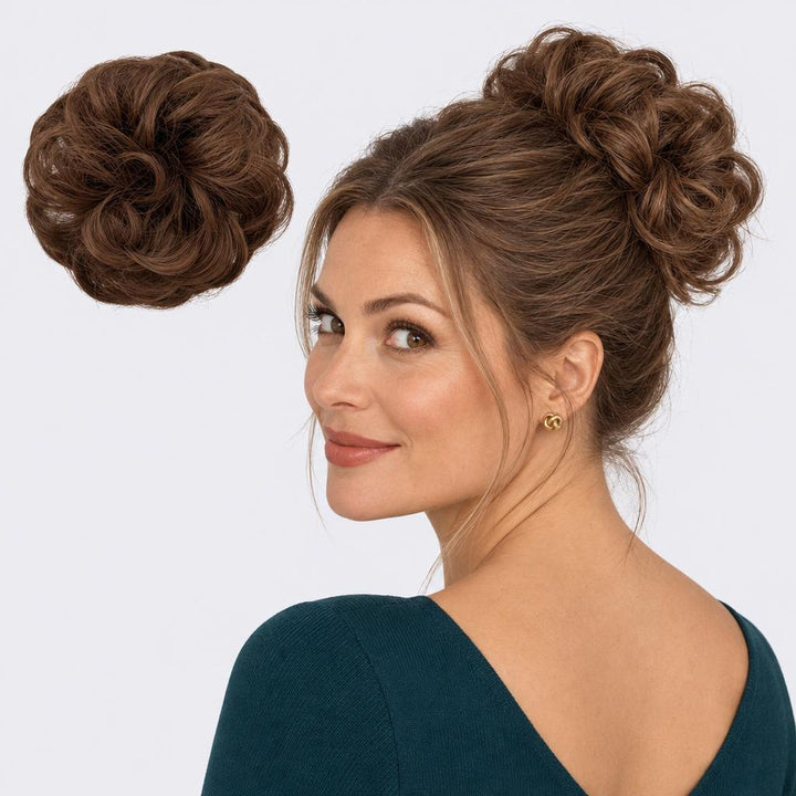 Tangled Scrunchie in Brown – curly hair scrunchie extension, shown loose and worn by a model
