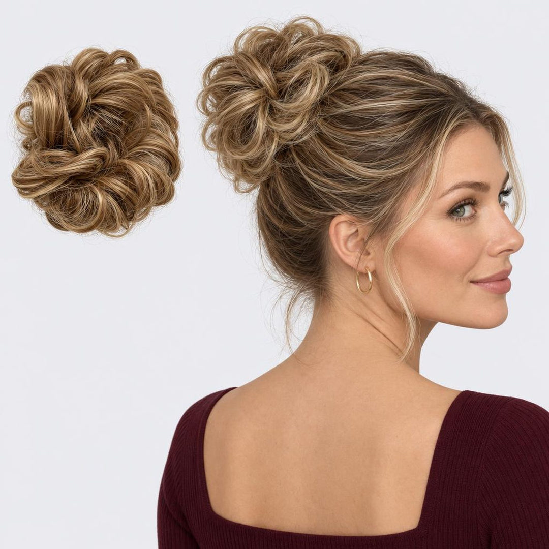 Tangled Scrunchie in Brown Mix – curly hair scrunchie extension, shown loose and worn by a model