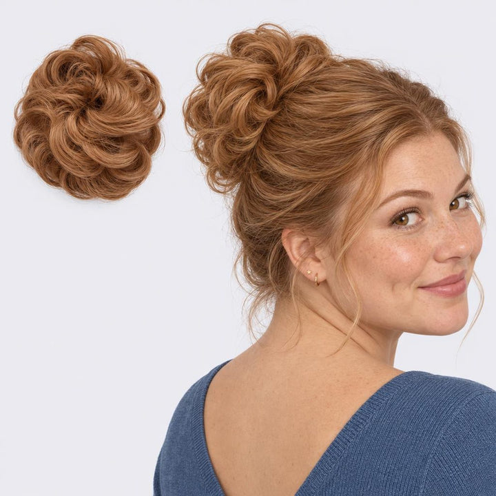 Tangled Scrunchie in Copper – curly hair scrunchie extension, shown loose and worn by a model