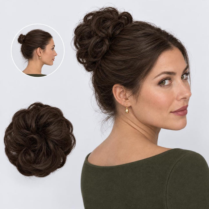 Tangled Scrunchie in Dark Brown – curly hair scrunchie extension, shown loose and worn by a model