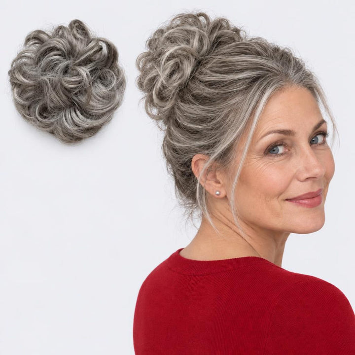 Tangled Scrunchie in Dark Grey – curly hair scrunchie extension, shown loose and worn by a model