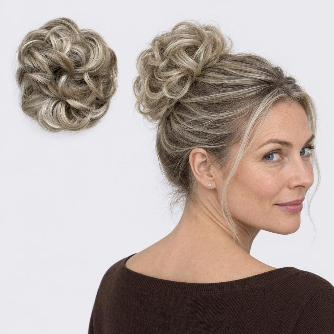 Tangled Scrunchie in Grey Blonde – curly hair scrunchie extension, shown loose and worn by a model