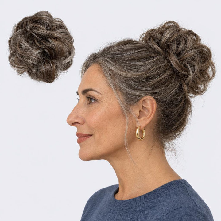 Tangled Scrunchie in Grey Brown – curly hair scrunchie extension, shown loose and worn by a model