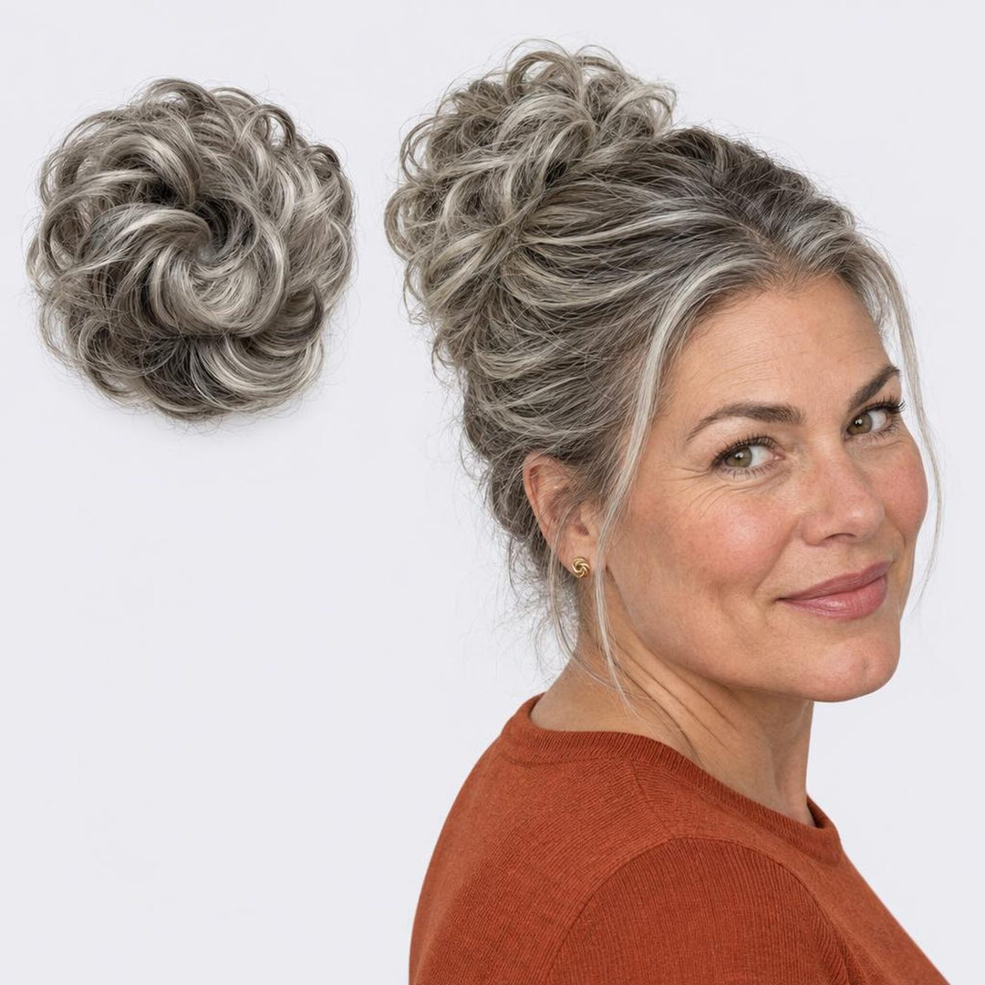 Tangled Scrunchie in Grey Mix – curly hair scrunchie extension, shown loose and worn by a model